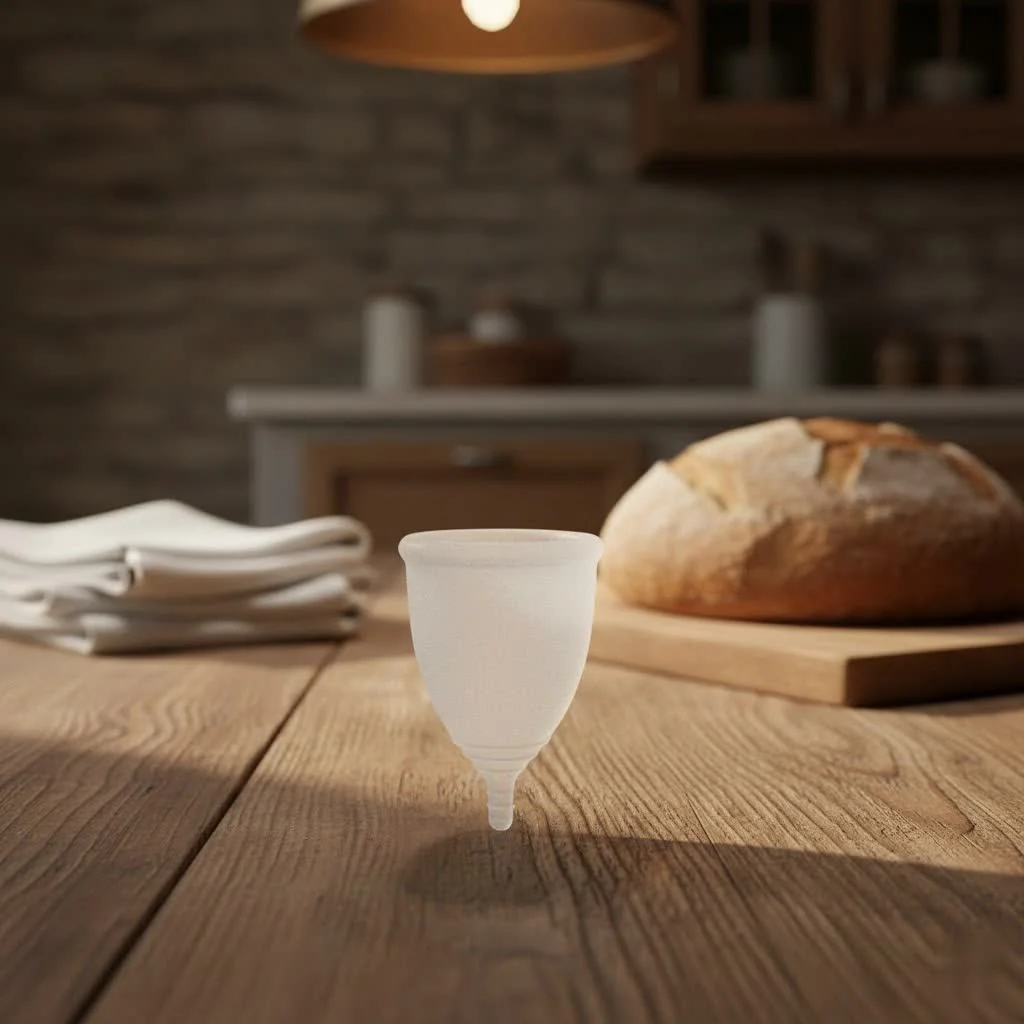 Woman holding a large menstrual cup